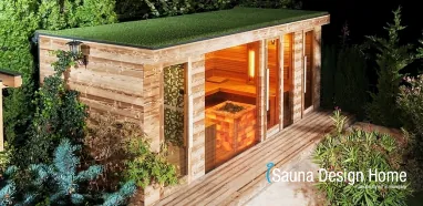Vonkajšia sauna so zelenou strechou