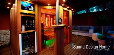 Exteriérová sauna s barovym pultom, s barovou chladničkou