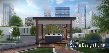  Pergola v prírodnej farbe s jedinečnou dizajnovou stenou z masívneho dreva