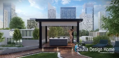Pergola s vonkajším obkladom z masívneho dreva s náladovým LED osvetlením