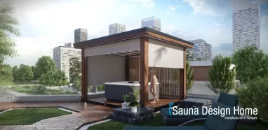 Ručne vyrobená pergola v prírodnej farbe s jedinečnou dizajnovou stenou