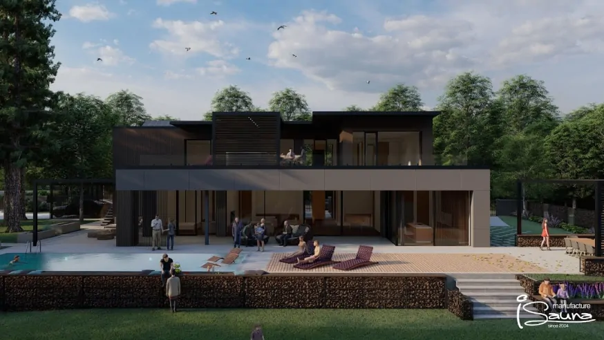 Exterierový sauna dom na mieru pri rieke