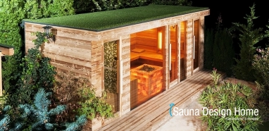 Vonkajšia sauna so zelenou strechou