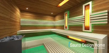 Kombinovaná sauna s lavicami minimalistického štýlu Kombinovaná sauna s lavicami minimalistického štýlu