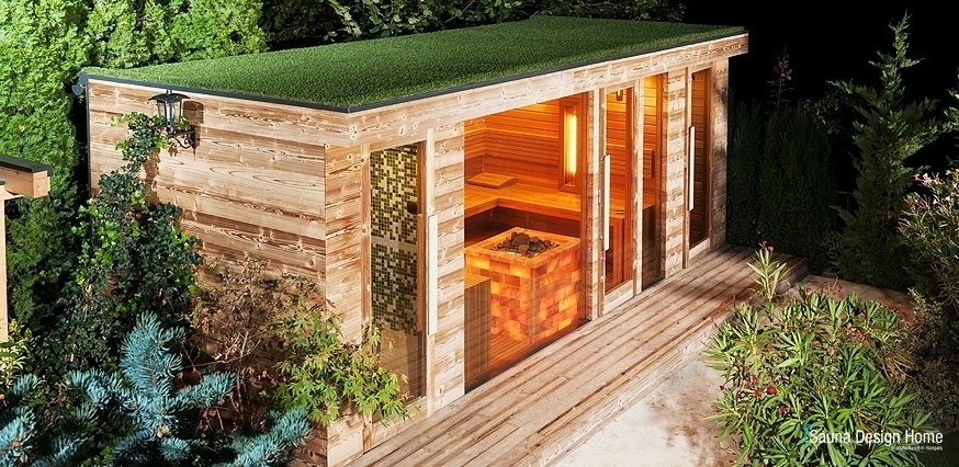 Vonkajšia sauna so zelenou strechou